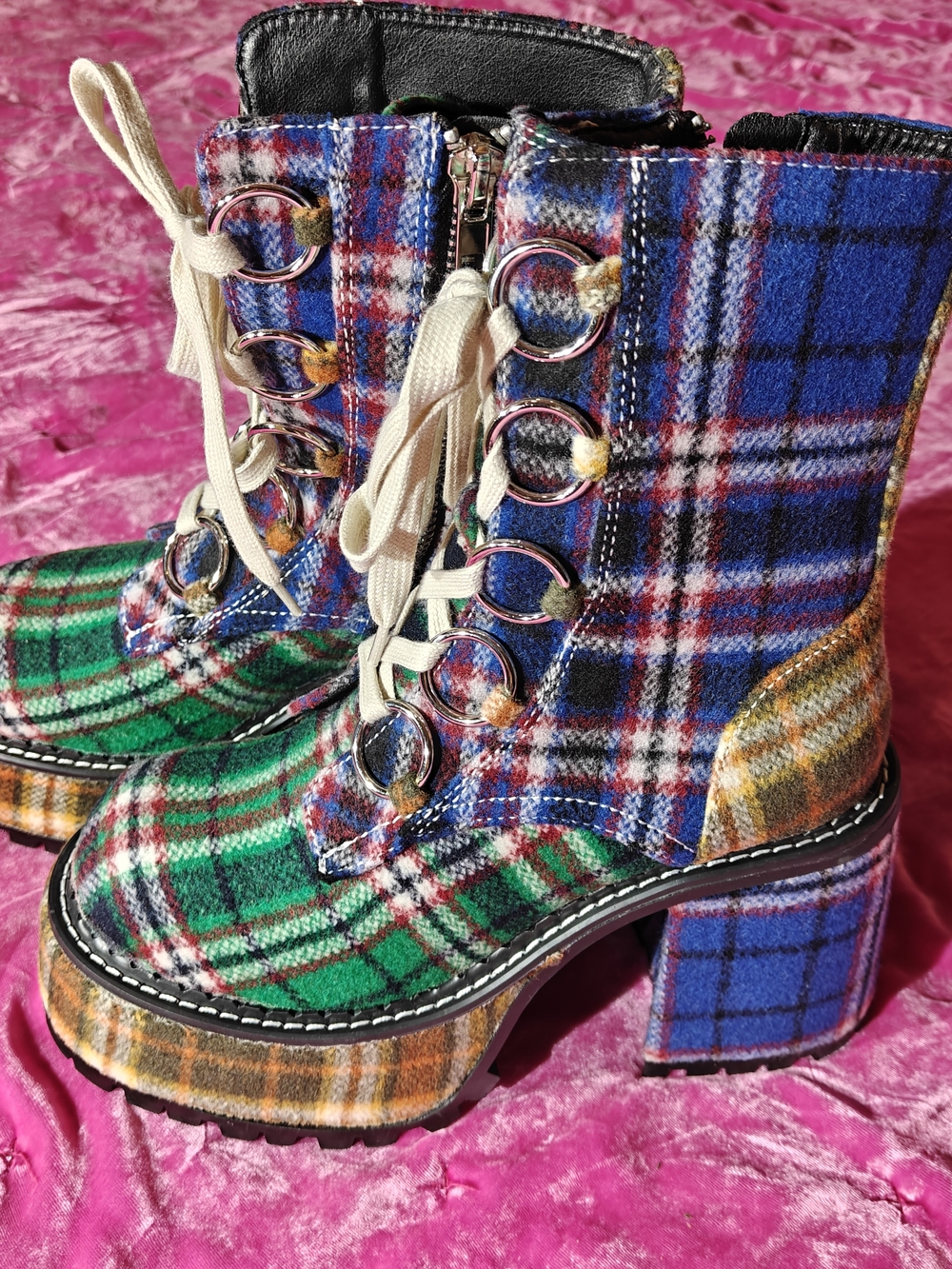 DollsKill Current Mood New Plaid Lace-Up Platform Ankle Boots in Multicolors